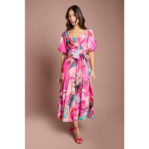 Coast Women's Printed Puff Sleeve Wrap Belted Midi Dress in Pink