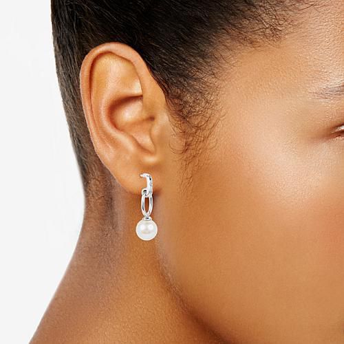 Sterling Silver Cultured Pearl and Created Sapphire Drop Earrings