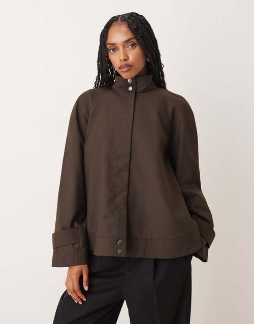 Tailored raglan sleeve high neck swing jacket in chocolate-Brown