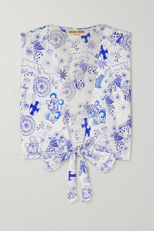 Sonia Cropped Bow-detailed Printed Cotton-poplin Top - Blue