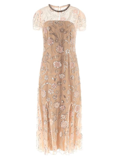 Pink Flower Sequin Embellished Midi Dress
