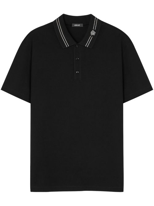 Medusa Embroidered Short-Sleeve Polo Shirt with Pointed Collar and Three-Button Placket