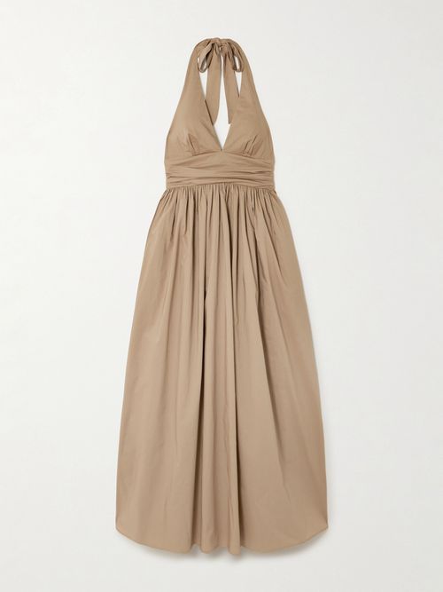 Gathered Organic Cotton-poplin Halterneck Maxi Dress - Beige