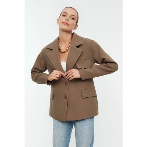 WOVCOR Women's Oversized Tailored Lined Woven Blazer Jacket in Taupe