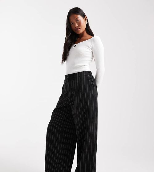 Petite tailored relaxed straight leg pants in black pinstripe