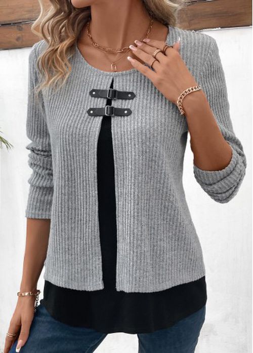 Modlily Sage Green Long Sleeve Fake Two Piece Twinset - 3X