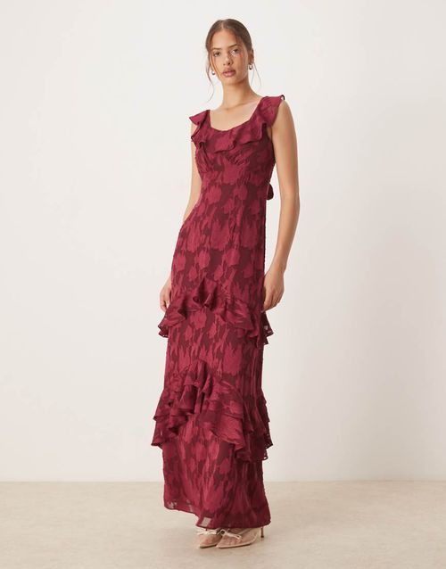 Floral burnout ruffle maxi dress in dark raspberry-Pink