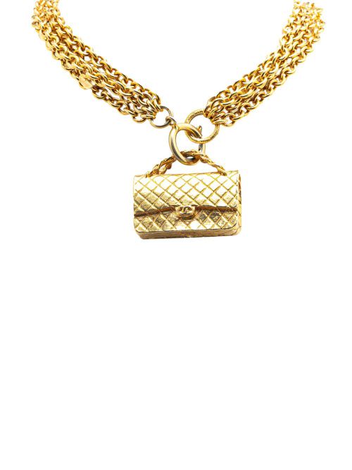 1970-1980 Gold Plated Multi Chain Flap Bag Pendant costume necklace