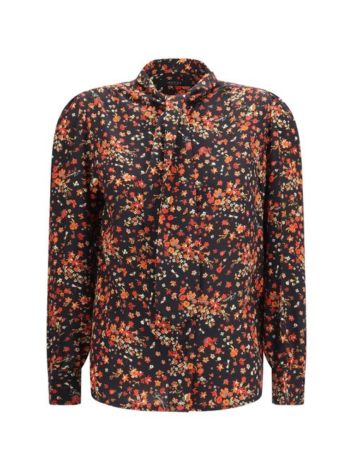 Silk Flora Print with Neck Bow Shirt — Black