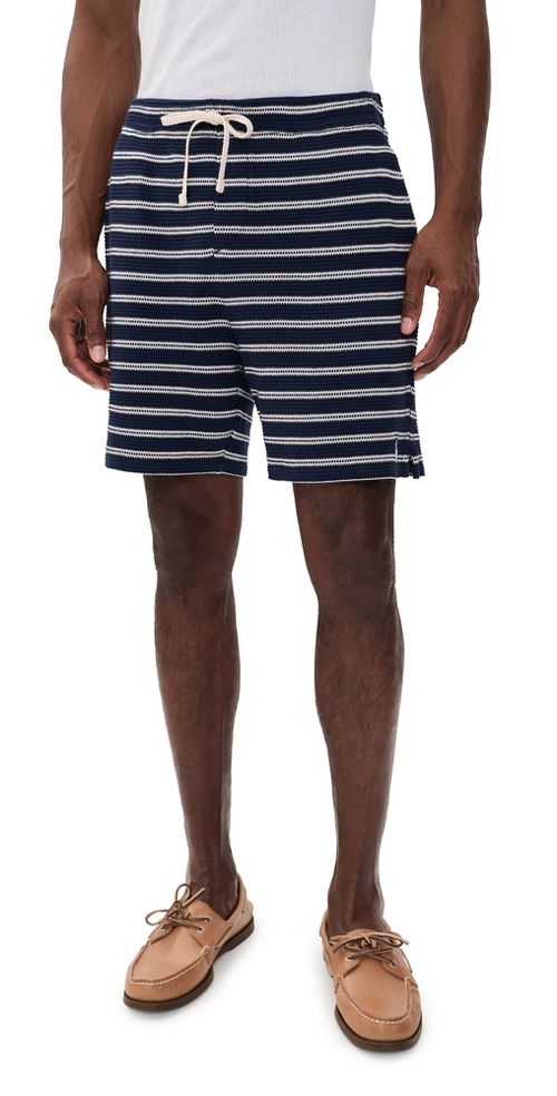 Cotton Club Bar Stripe Textured Pull On Shorts Newport Navy/Pale Cream