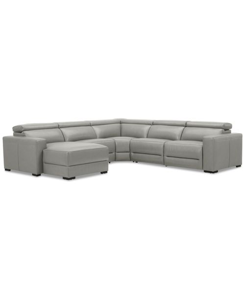 "Nevio 124"" 5-Pc. Leather Sectional with 1 Power Recliner, Headrests and Chaise, Created For Light Grey"