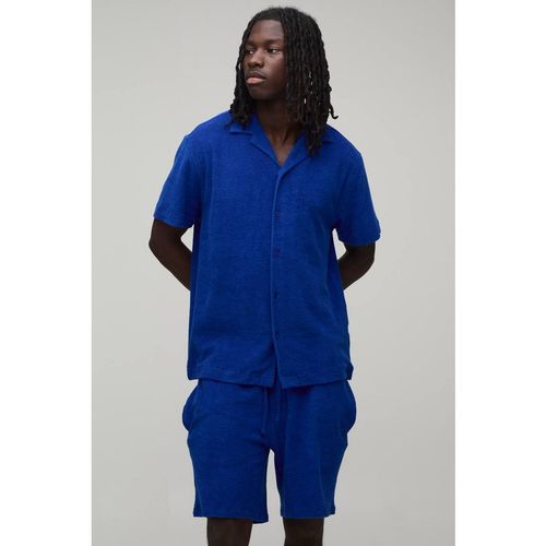 Towelling Regular Fit Revere Shirt & Relaxed Shorts Set | Light Blue | Sma