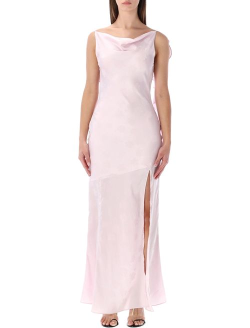 Floral Jacquard Maxi Dress with Front Slit and Cowl Neckline - Size 34