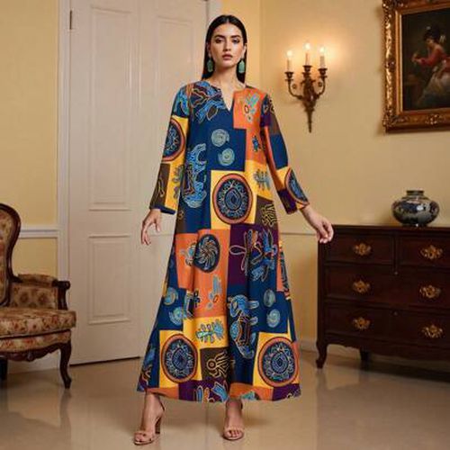 Women Abaya Dress Print Long Sleeve Robe V-Neck Long Dress Prayer Clothes Dubai Jilbab