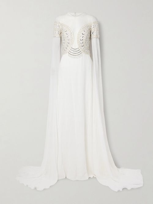 Tulle-trimmed Embellished Georgette Gown - White