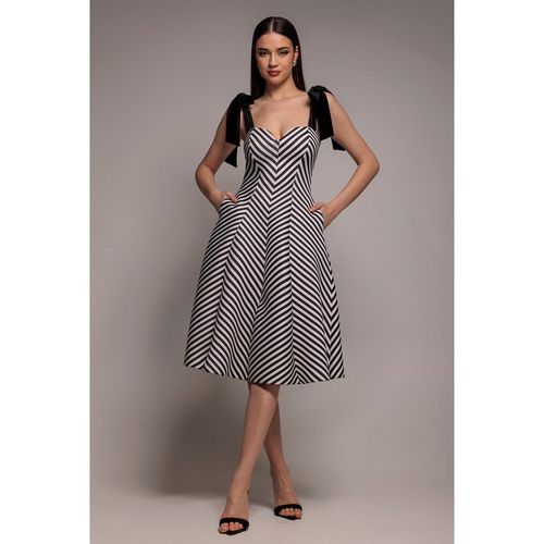 Goddiva Diagonal Stripe Velvet Bow A Line Midi Dress - Black White