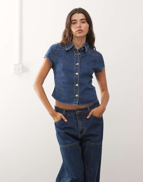 Varsity Blues collar detail short sleeve contrast stitch denim shirt in mid blue - part of a set
