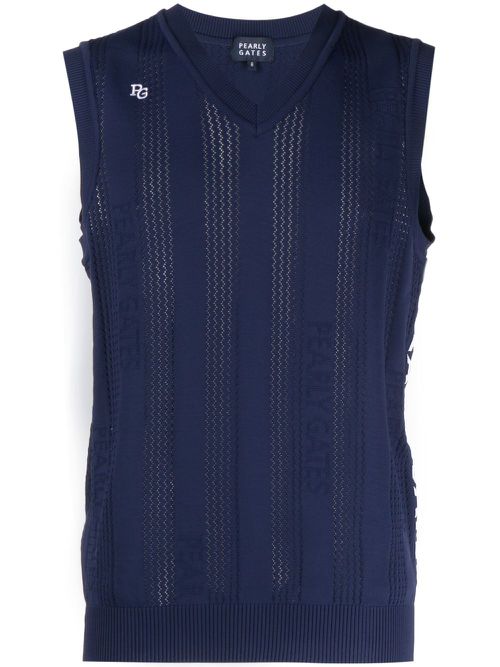 Logo-jacquard V-neck knitted vest - Blue
