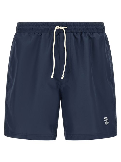 Embroidered Heraldic Logo Swim Shorts — Navy
