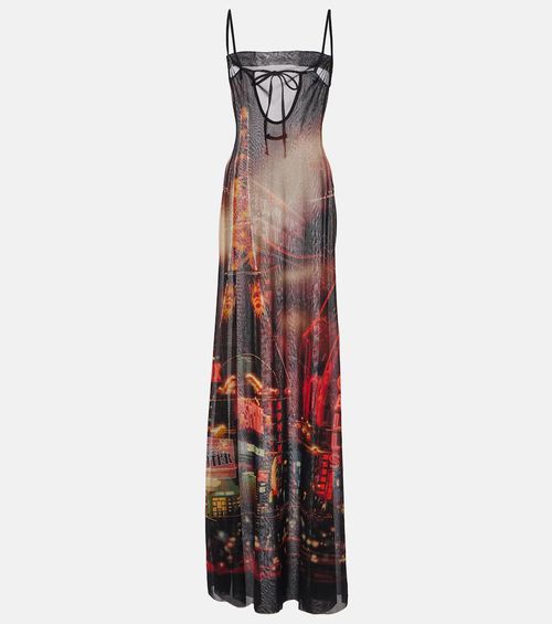 Printed mesh slip dress