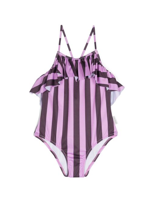 Ruffle-detailed striped swimsuit - Pink
