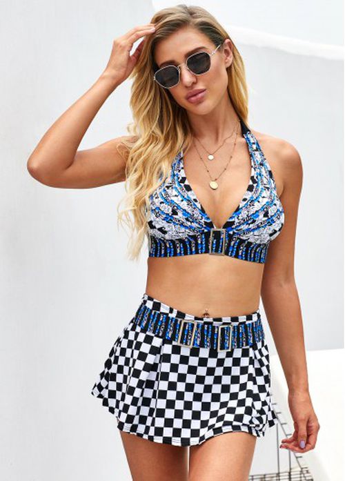 Modlily Checkered Print Halter Buckle Detail Bikini Set