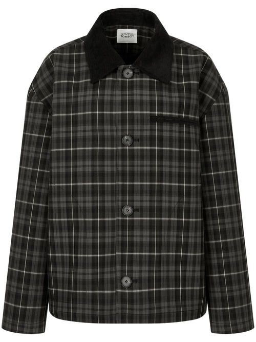 Tartan check-pattern corduroy-collar jacket - Black