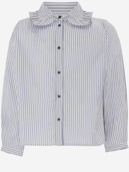 Ruffled-Collar Striped Cotton Shirt — Blue