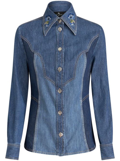 Floral-embroidered denim shirt - Blue