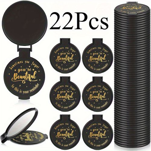 TEMU 22pcs Inspirational Makeup Mirrors - Portable Compact Round Glass Mirrors With Motivational Phrases, Black Plastic Frame, Women, Colleague