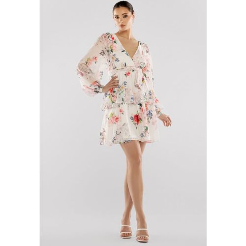Goddiva Sustainable Tiered Wrap Floral Mini Dress - White Flora