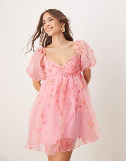Sheer sleeve organza mini dress in pink floral