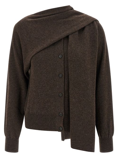 Cashmere with Asymmetric Scarf Collar Cardigan — Brown