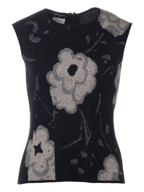 Sleeveless floral-motif top - Black