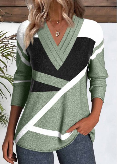 Modlily Grey Patchwork Geometric Print Long Sleeve T Shirt