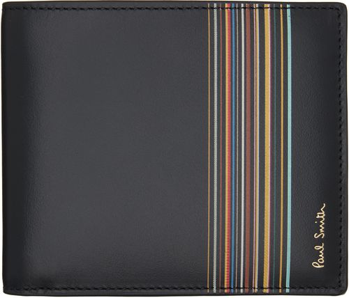 Black Leather 'Signature Stripe Block' Billfold Wallet