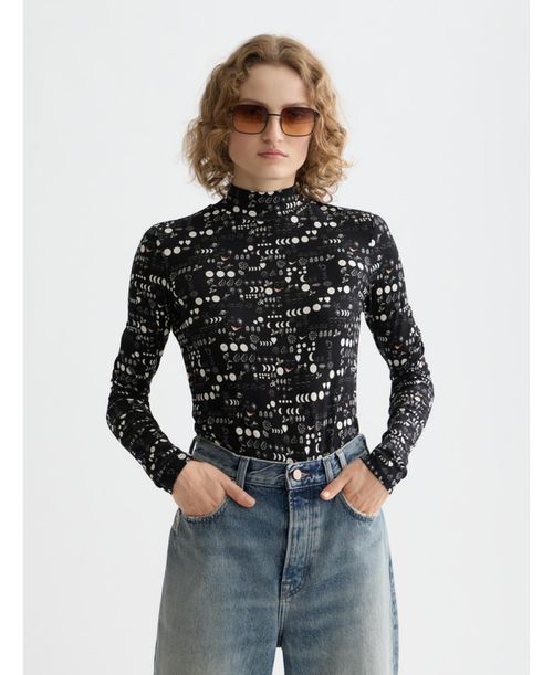 Women's All Over Printed Mock Neck Long Sleeve T-shirt - Moon gardening