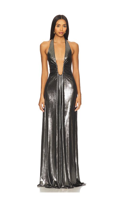 MISHA The Jennifer Foil Jersey Dress in Metallic Silver. XL. Also in L