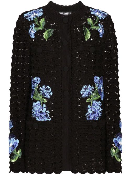 Logo-embroidered crocheted cardigan - Black
