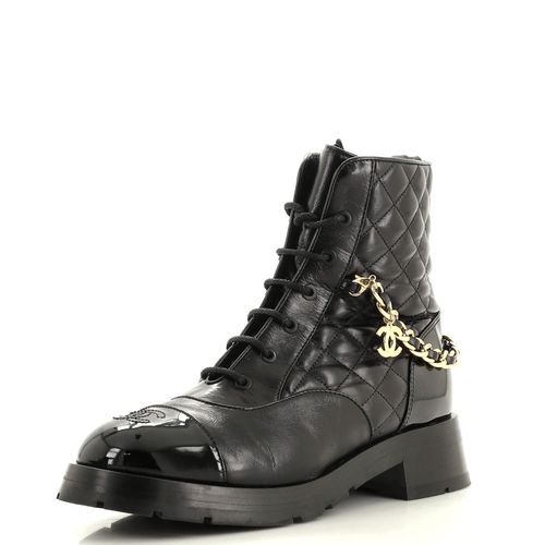 Women's Charm Chain CC Cap Toe Combat Boots Quilted Leather
