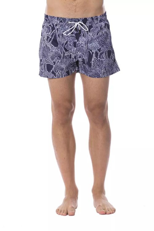 Leaf-Print Swim Shorts — Navy