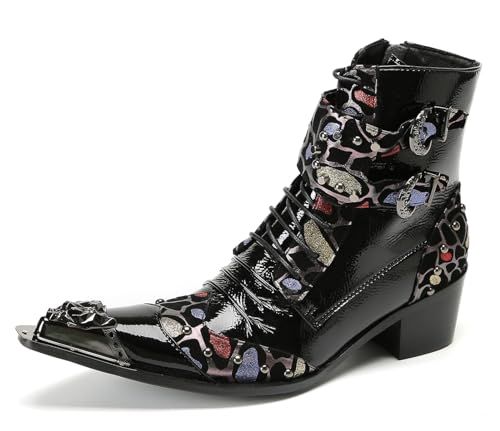 Santimon Men's Gothic Punk Buckle Western Cowboy Boots – Genuine Leather Metal Spiked Toe