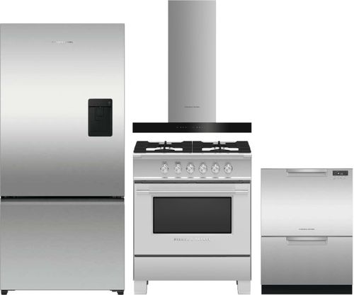 Fisher & Paykel 4 Piece Kitchen Appliances Package with Bottom Freezer Refrigerator, Gas Range and Dishwasher in Stainless Steel FPRERARHDW