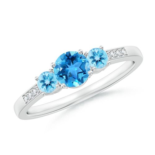 Angara 0.6 Carat Three Stone Round Swiss Blue Topaz Ring with Diamond Accents in Platinum