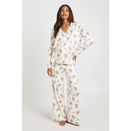 Boohoo Women's Maternity Bears & Bows Print Long Sleeve Shirt & Trouser Pyjama Set in Crea