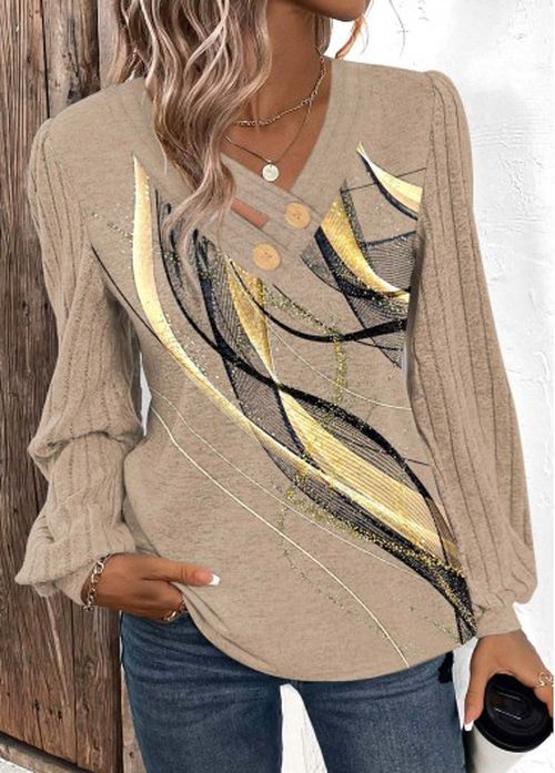 Modlily Light Camel Button Geometric Print Long Sleeve T Shirt