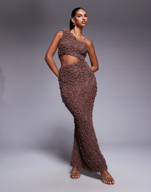 One-shoulder knotted and trim detail with cut-out fluffy maxi dress in brown