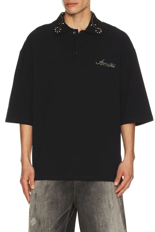 Amiri Stud Collar Oversized Polo in Black - Black. L also in M, S, XL/1X, XXL/2X