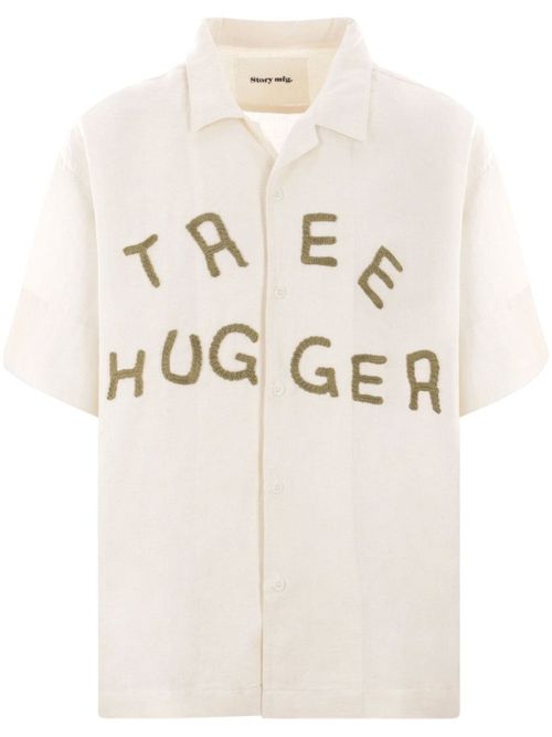 Crochet Appliqué Lettering Ecru Cotton-Linen Blend Shirt