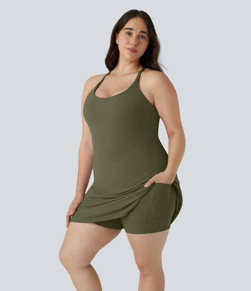 Everyday SoftlyZero™ Plush Backless 2-in-1 Flare Workout Plus Size Dress-Wannabe-Easy Peezy Casual Dress - Grass Grey Green